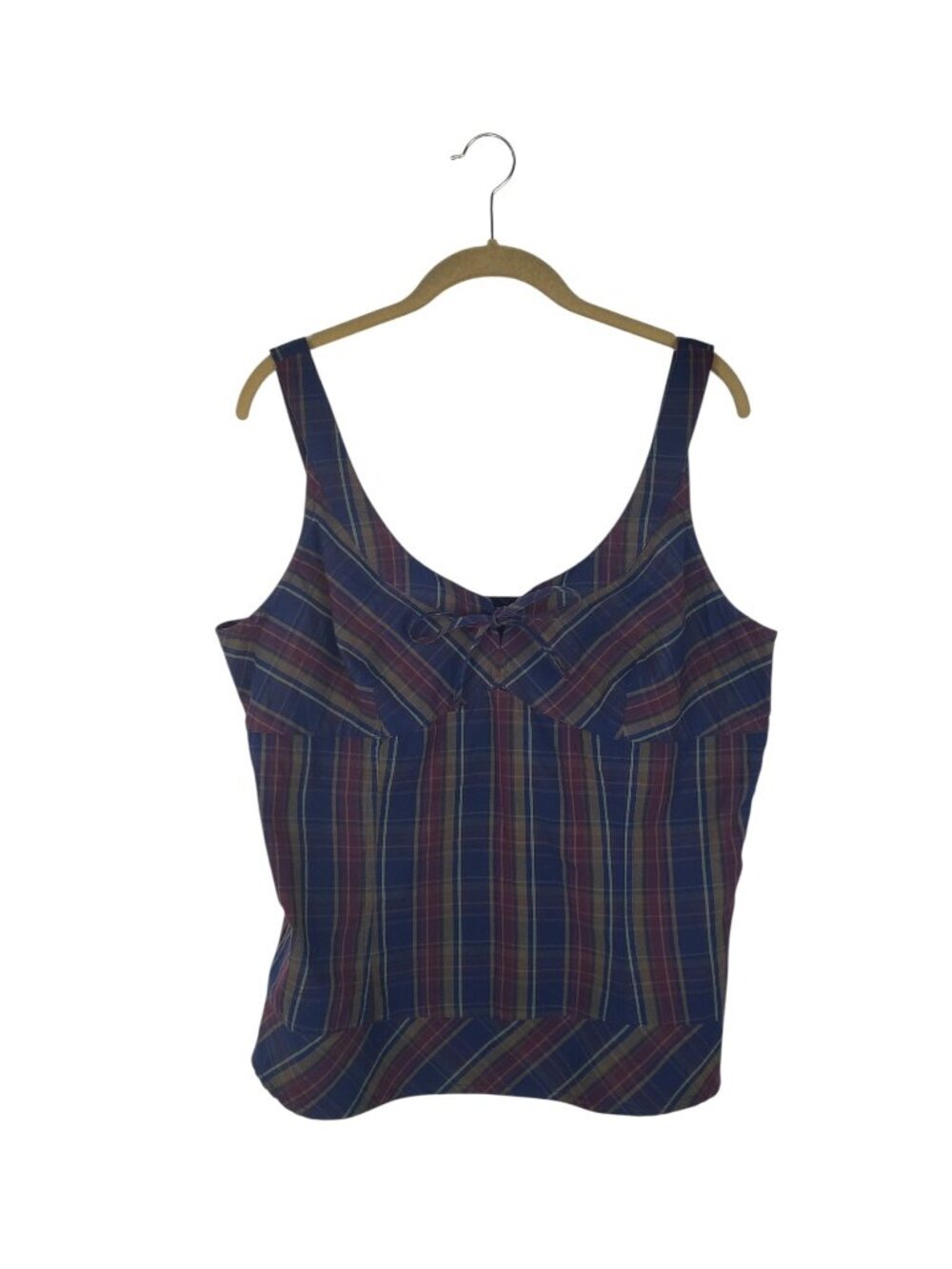Van Heusen NWT Babydoll Tank Top Y2K Tie Front Dark Plaid Cotton Womens Large